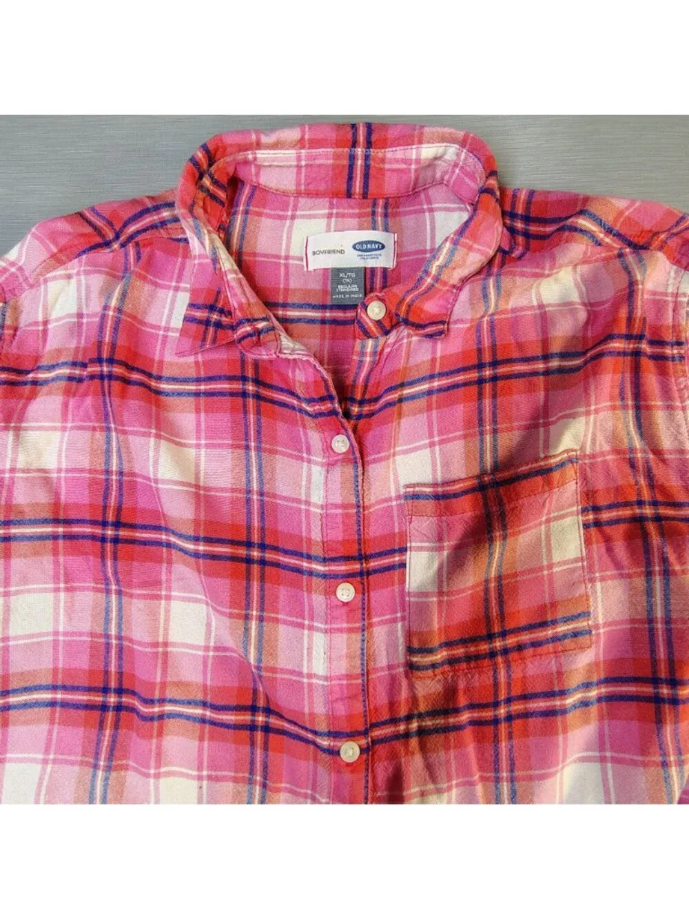 Old Navy Boyfriend Plaid Flannel Shirt Pink White Long Sleeve Girls Size XL (14)